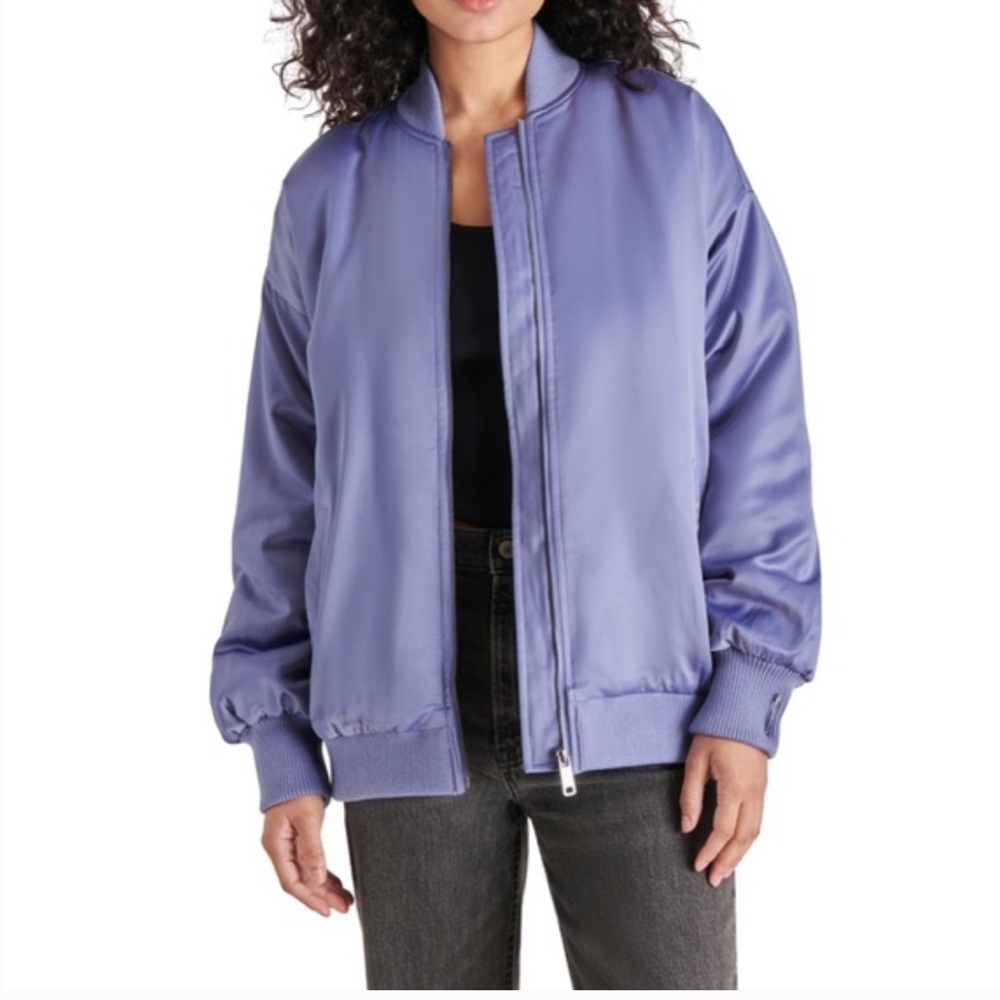 Steve Madden Purple Ice Blue Satin Bomber Jacket Zipper Size Small NWT